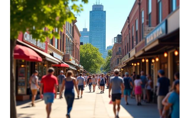 A vibrant street scene in downtown Austin, TX, with bustling cafes, live music posters, and iconic architecture, conveying a lively community atmosphere.