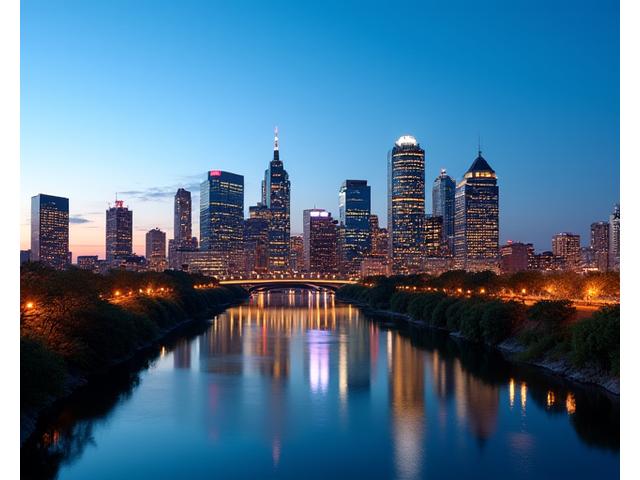 Panoramic view of the Austin, Texas skyline at dusk, showcasing modern city architecture and a serene river reflecting the city lights.