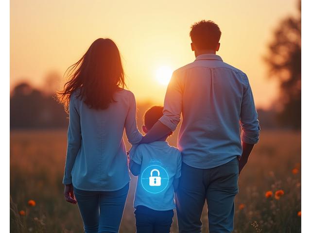 A family embracing, with a subtle digital overlay representing secure data access, conveying peace of mind and protection.