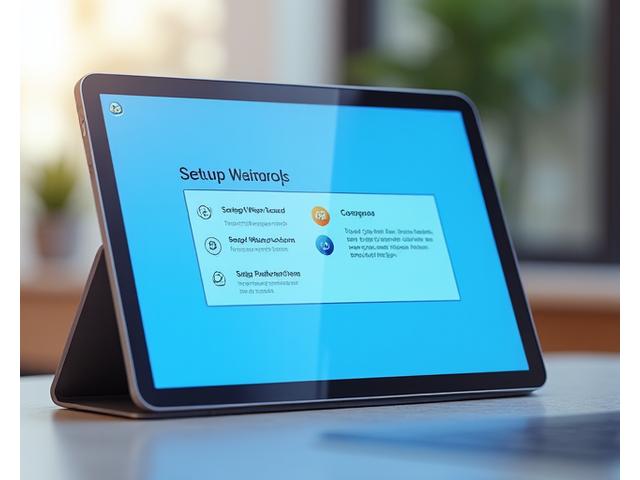 A step-by-step wizard interface on a tablet or desktop, showing progress indicators and simple instructions for setting up emergency access, with a stopwatch icon in the corner.