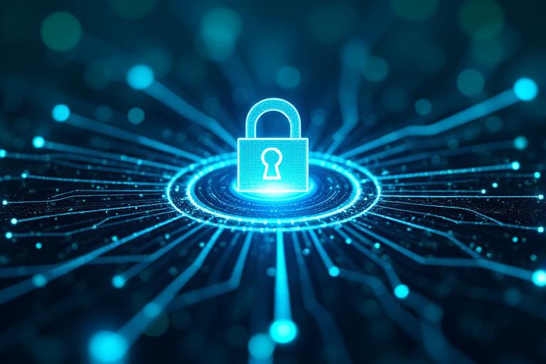 An intricate network of interconnected data points protected by a glowing shield and padlock icon, representing AES 256-bit encryption and zero-knowledge architecture.