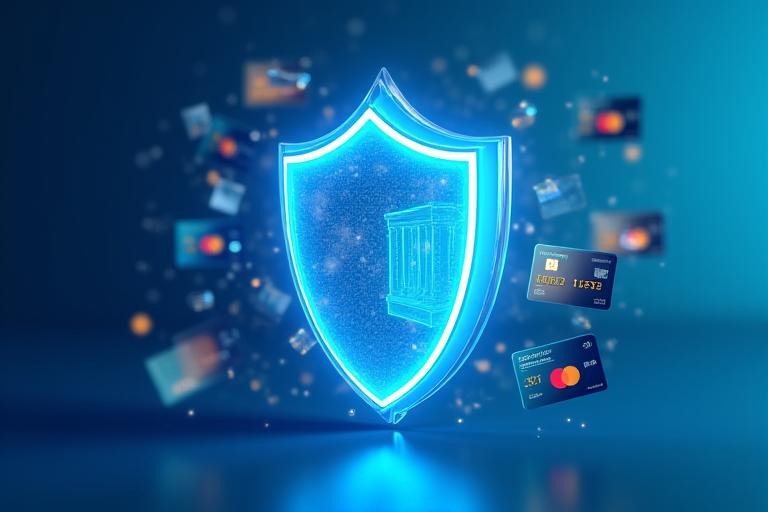 A graphical representation of credit cards and banking icons enclosed within a secure digital shield, emphasizing financial data protection and seamless autofill.