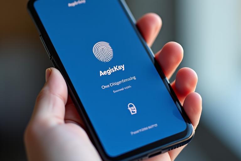 Close-up of a smartphone screen showing a fingerprint scan and a face ID icon, illustrating biometric authentication for RaegisKey access.