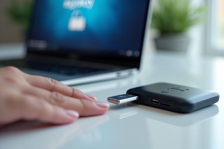 A hand holding a physical hardware security key (like a YubiKey) near a laptop, showing secure login via NFC or USB.
