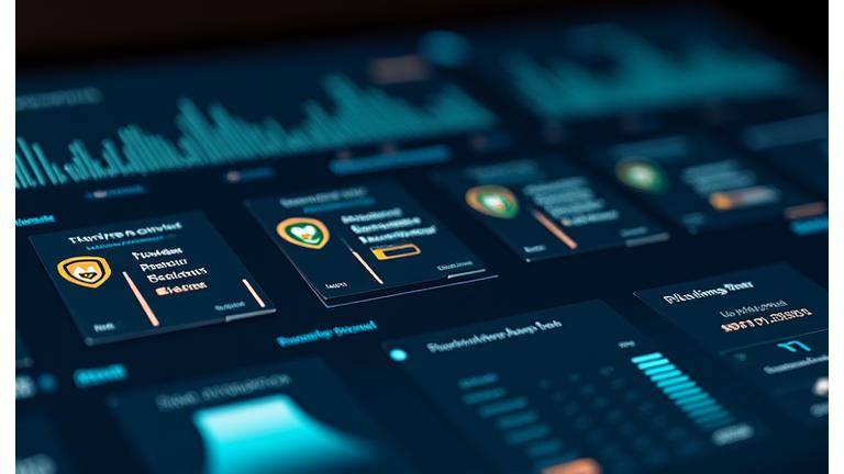 A conceptual dashboard showcasing security features like phishing detection, dark web monitoring, and secure site verification, protecting a user's digital identity