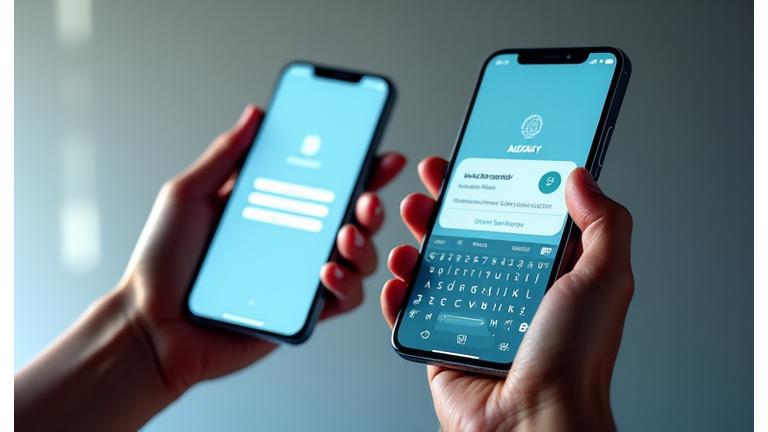 Several smartphone mockups (iOS and Android) demonstrating RaegisKey's autofill functionality within mobile applications, showing biometric login