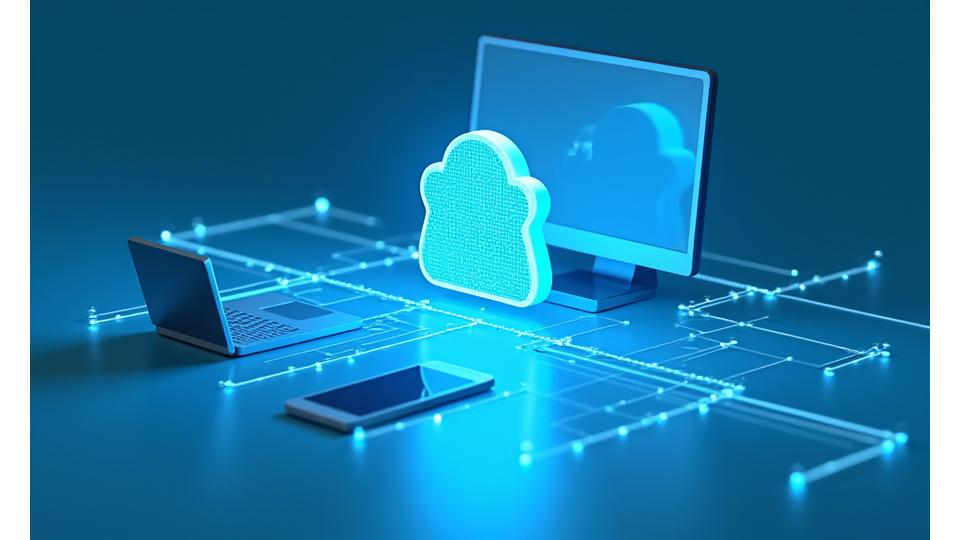 An infographic or abstract visualization showing multiple devices (desktop, laptop, tablet, smartphone) connected by secure, encrypted lines, symbolizing real-time synchronization of data